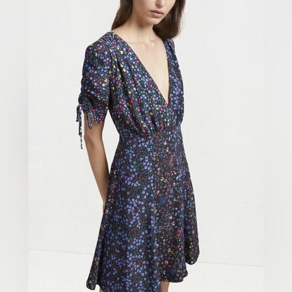 French Connection Aubine Drape VNeck Black Floral Tie Sleeve Dress US 2 NWT $128 - Picture 4 of 13